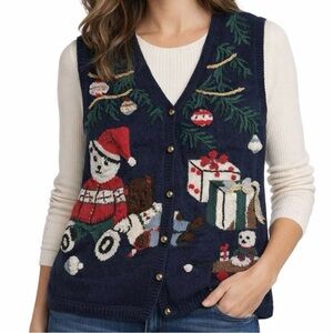 Capacity Vintage Women’s Size M Navy Blue Christmas Sweater Vest Teddy Bears